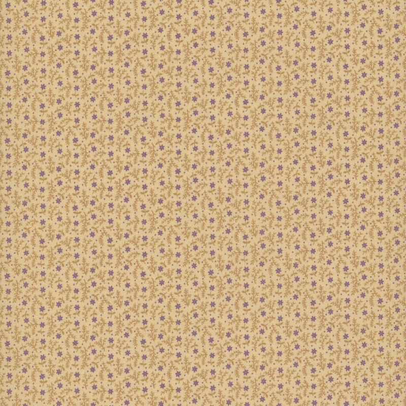 beige fabric with small purple flowers lined horizontally with rotating sprigs scattered between them