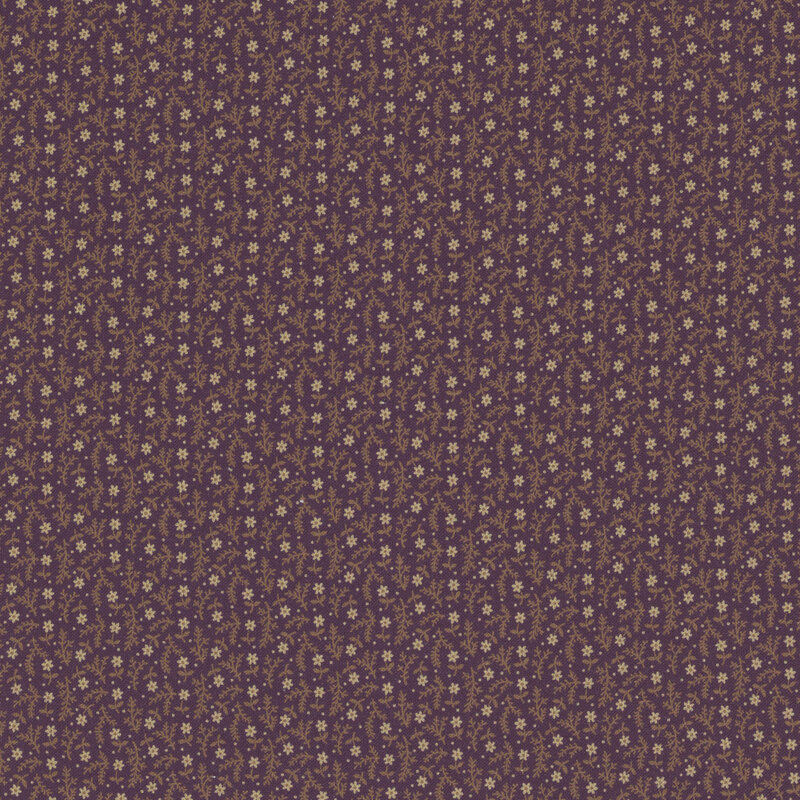 purple fabric with small cream flowers lined horizontally with rotating sprigs scattered between them