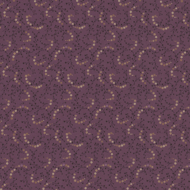 purple fabric featuring spinning chains of cream flowers with tiny dark sprigs crammed in the space between