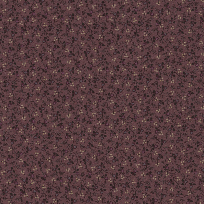 purple calico fabric featuring interconnected stems with small white berries, purple leaves, and small sprigs coming off of them