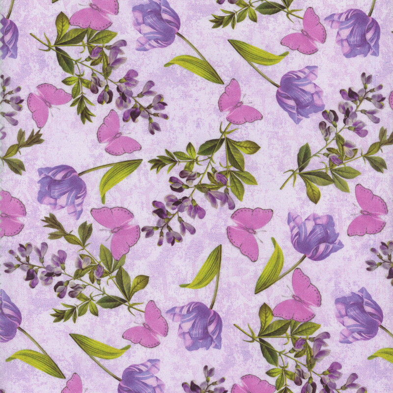 Pattern of purple flowers and pink butterflies on a light lavender background.