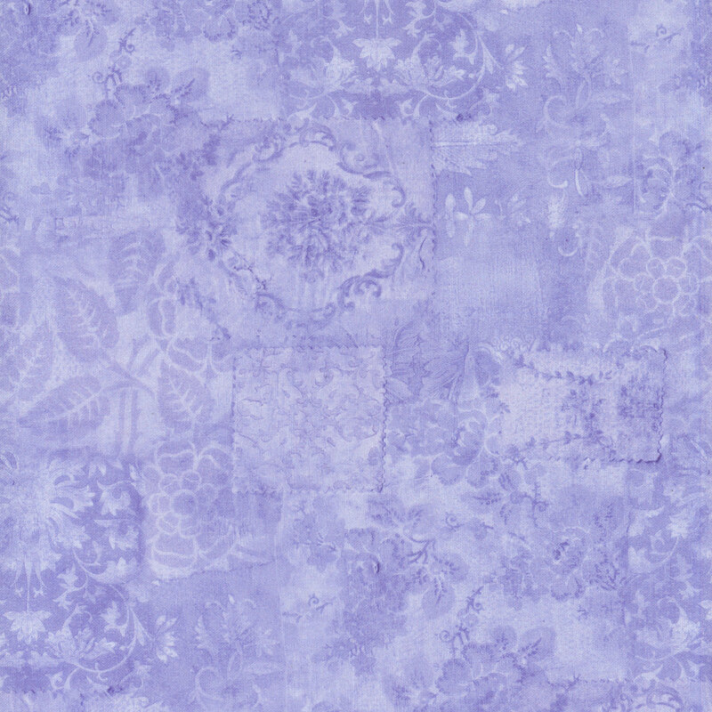 Tonal purple fabric with faint designs of flowers and leaves throughout