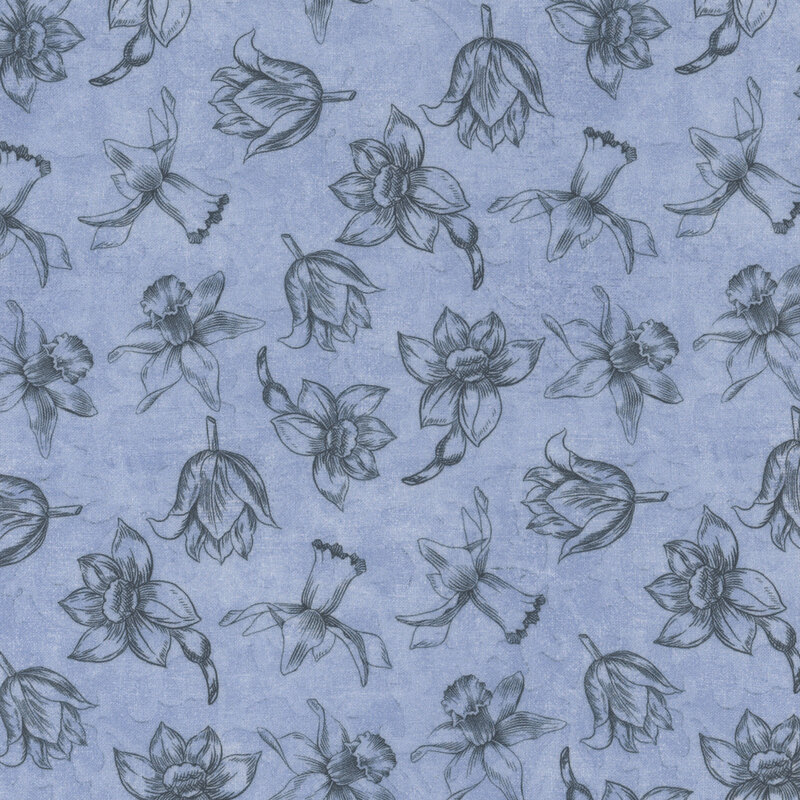 Pattern of blue floral drawings featuring various flowers on a light blue background.