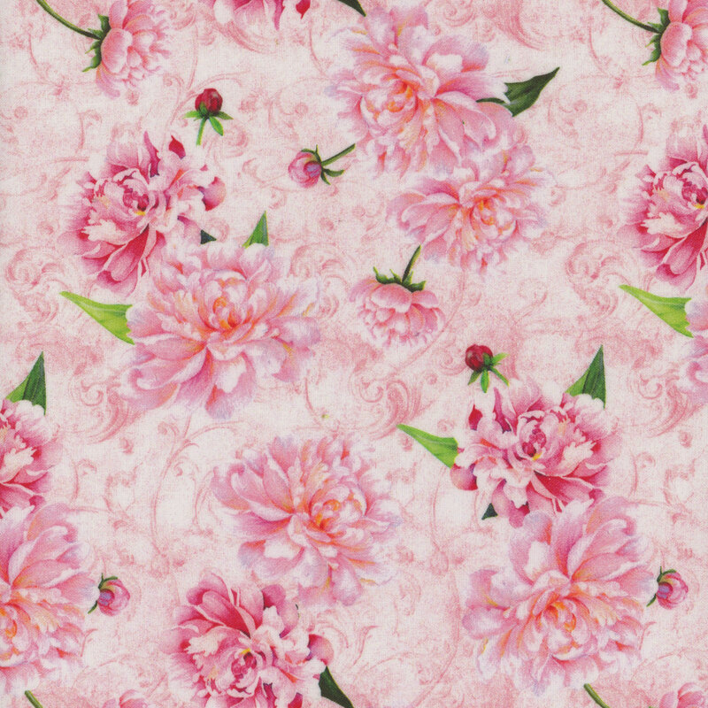 Floral pattern featuring pink peonies and buds on a soft pink background.