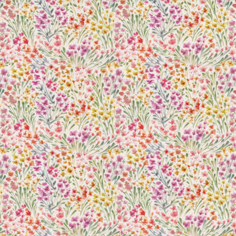 White fabric featuring a colorful floral design