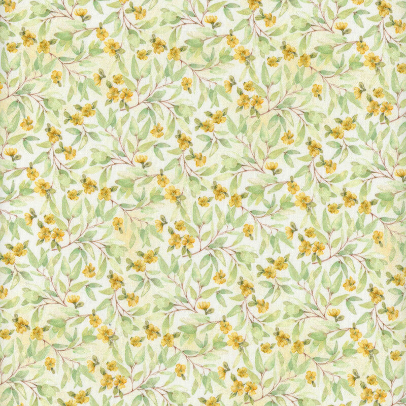 white fabric featuring leaves and yellow flowers