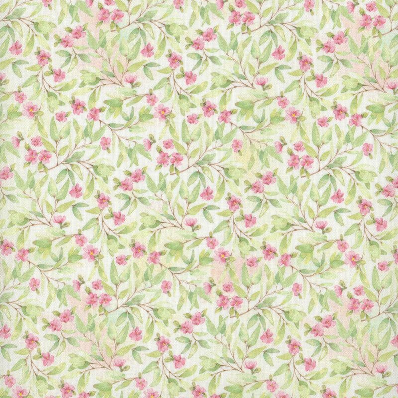 white fabric featuring leaves and pink flowers