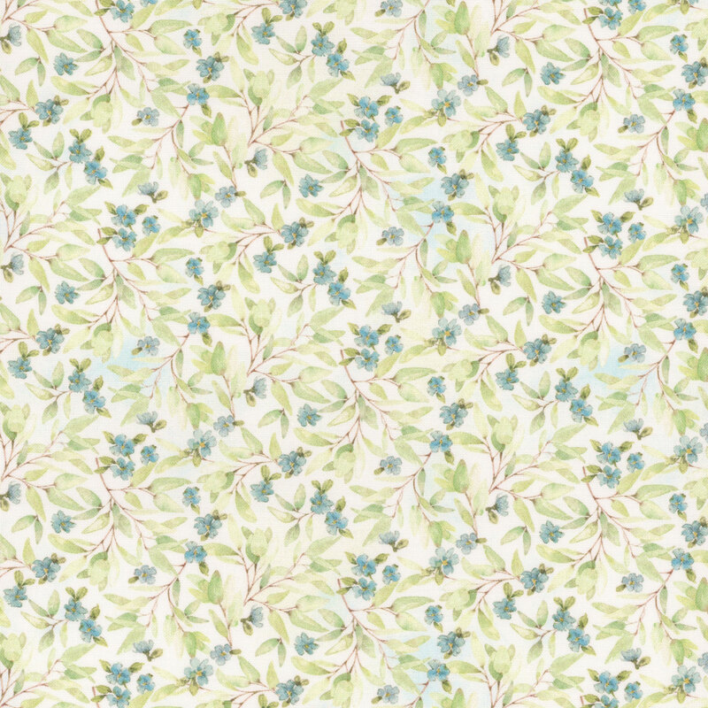 white fabric featuring leaves and blue flowers