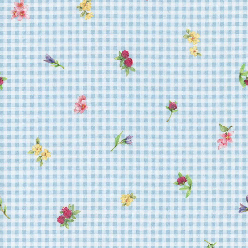 white and blue gingham fabric tossed with florals