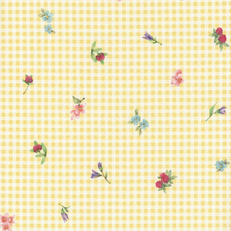 white and yellow gingham fabric tossed with florals