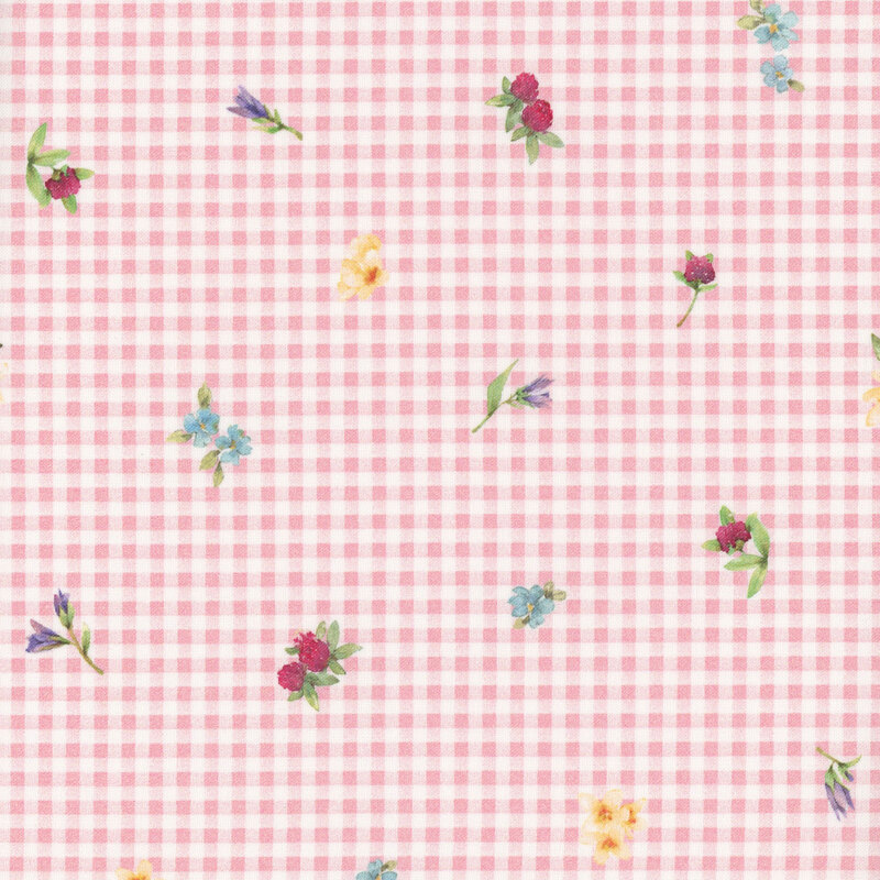 white and pink gingham fabric tossed with florals