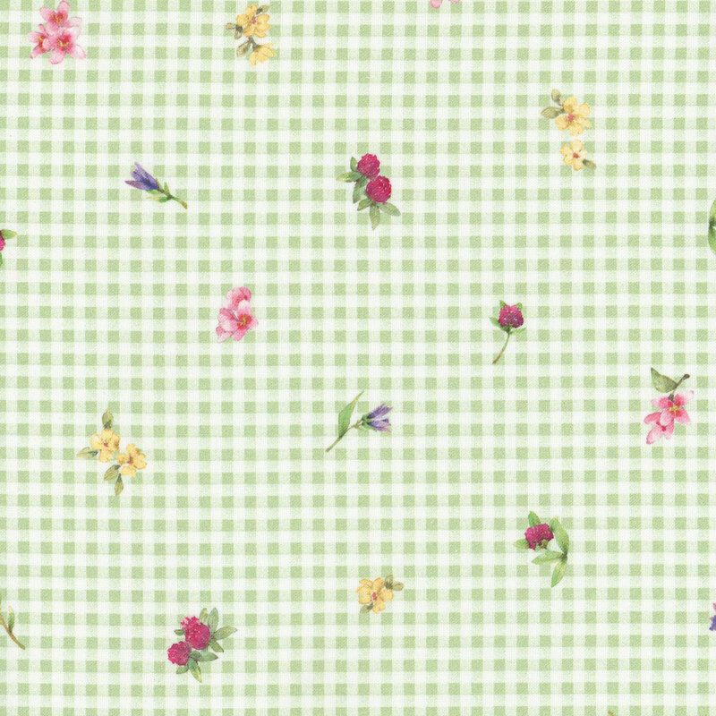 white and green gingham fabric tossed with florals