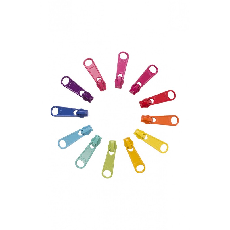 A circular arrangement of colorful zipper pulls in various shades including pink, purple, blue, green, yellow, and orange.