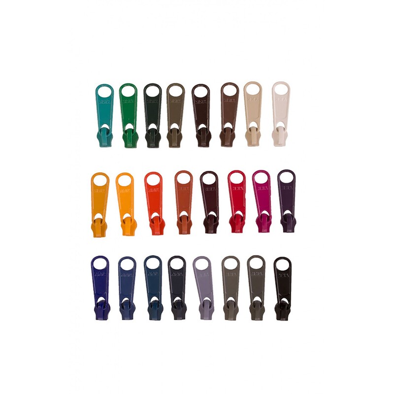 A collection of colorful zipper pulls arranged in rows, featuring various colors including green, orange, yellow, red, purple, and brown. Each pull has a loop at the top for attachment.