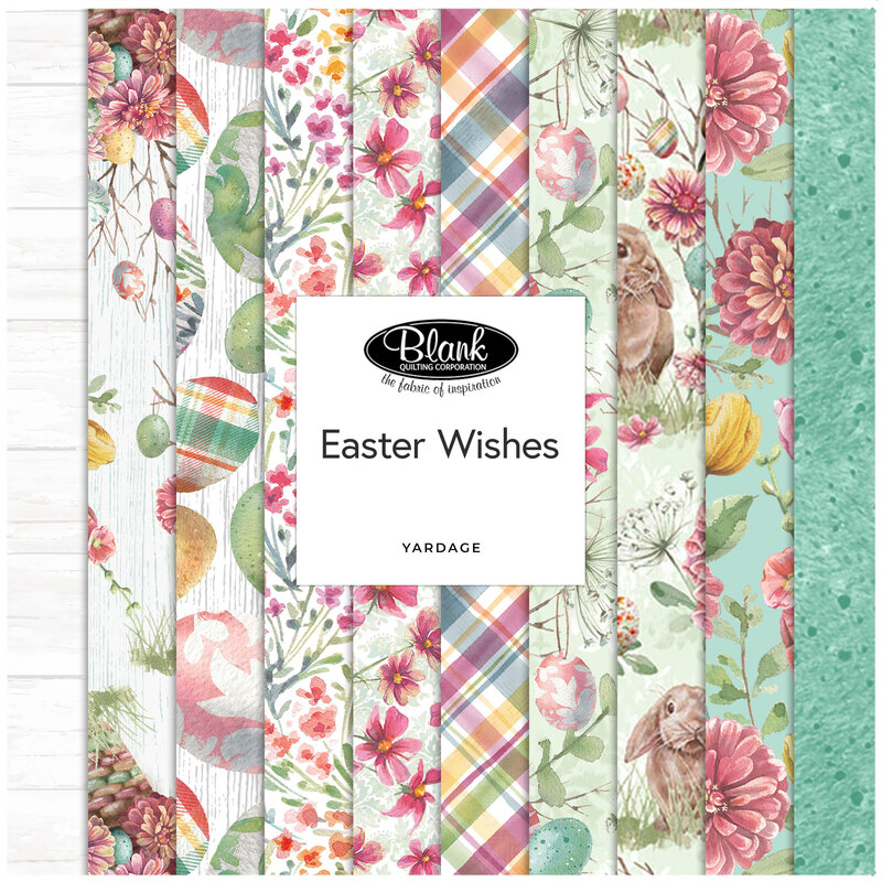 collage of Easter Wishes collection featuring bunnies, easter eggs and florals in cream, light green and turquoise