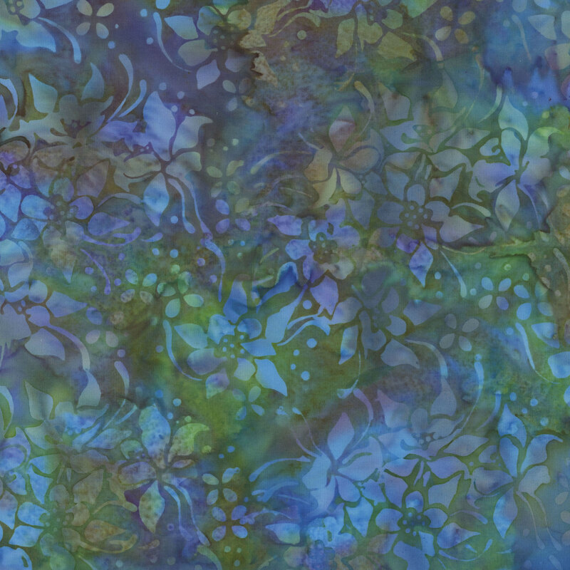 Blue mottled batik fabric with bright forest green mottled florals throughout