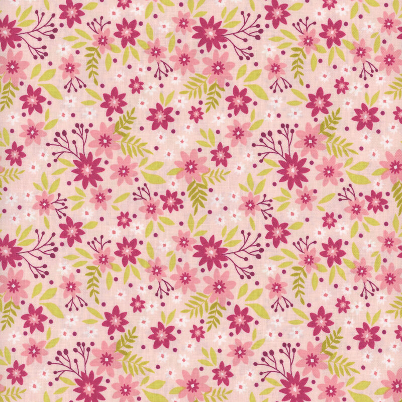 Pink fabric with dark pink and raspberry floral pattern