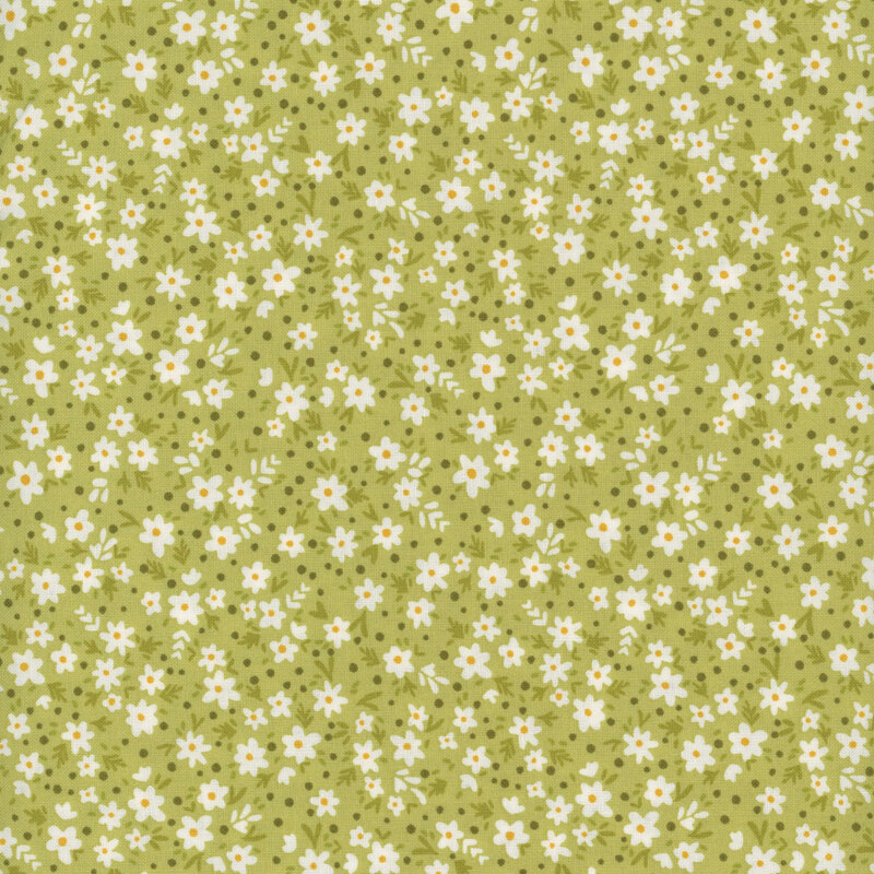 Green fabric with white daisy pattern 