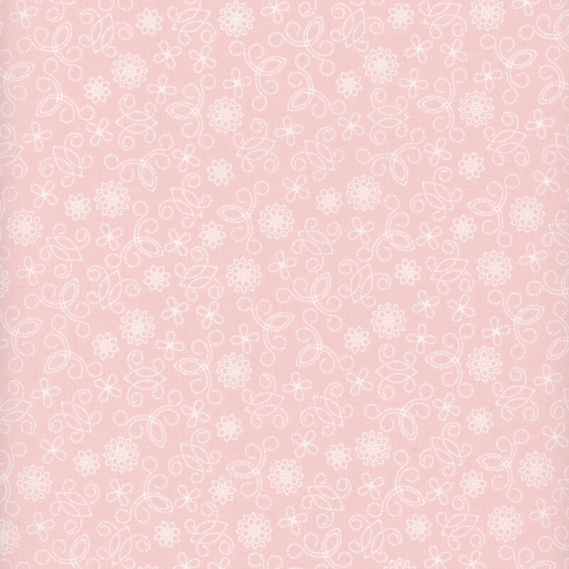 Light pink fabric with white swirls and floral patterns