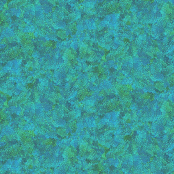 Abstract pattern of textured circles in various shades of blue and green.