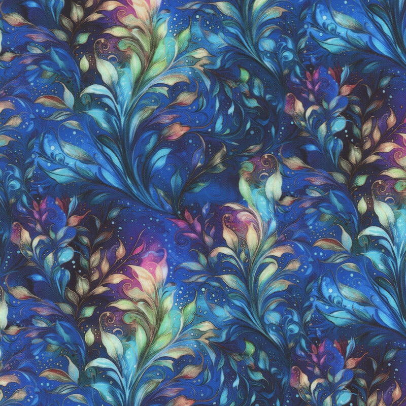 Vibrant fabric featuring a swirling floral pattern with colorful leaves on a dark blue background.