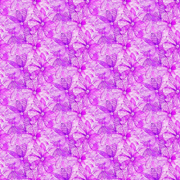 Repeated pattern of purple flowers with intricate petal and leaf details on a soft pink background.