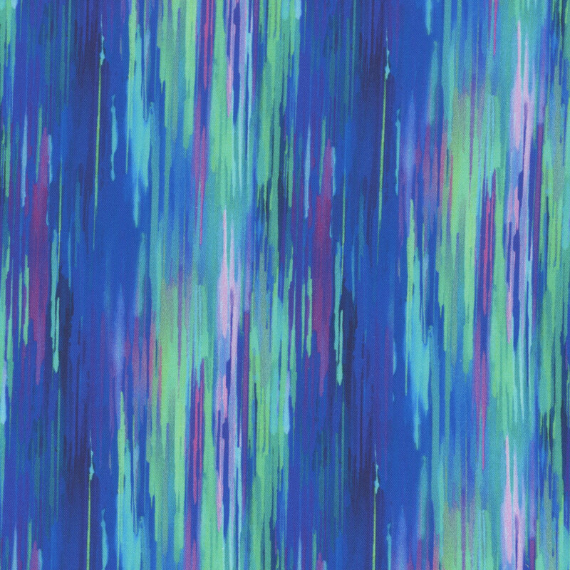 Abstract fabric pattern featuring vertical streaks of blue, green, and purple hues.