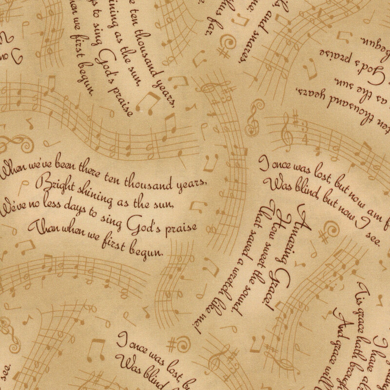 mottled tan fabric with music staffs and scattered music notes with rotating blocks of the lyrics to Amazing Grace