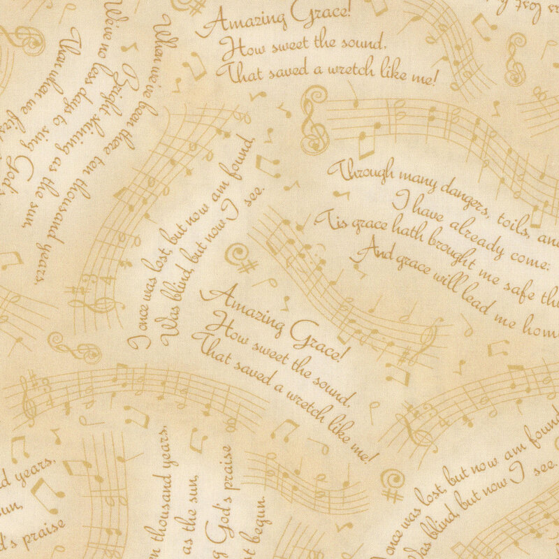 mottled cream fabric with music staffs and scattered music notes with rotating blocks of the lyrics to Amazing Grace