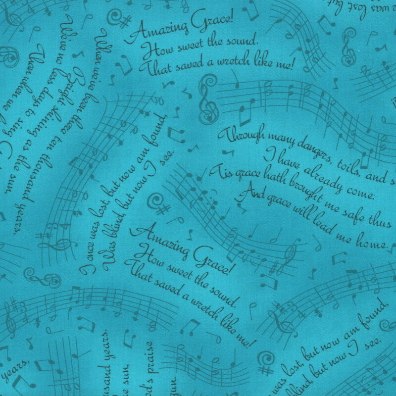 mottled teal fabric with music staffs and scattered music notes with rotating blocks of the lyrics to Amazing Grace