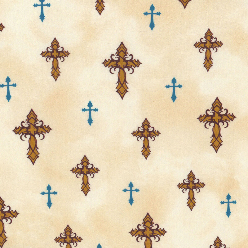 mottled cream fabric with scattered intricate gold cross and small, simplified teal crossesx