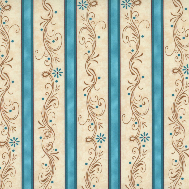 cream fabric with mottled teal vertical stripes and intricate filigree in the space between