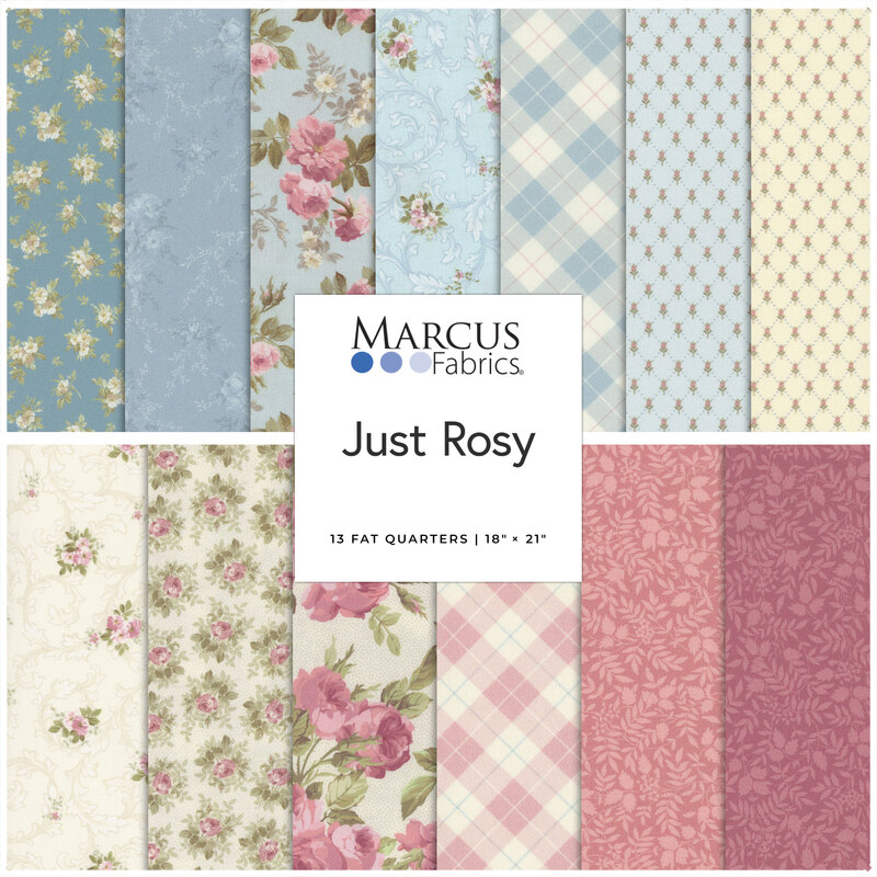 A collage of pink, blue, and cream fabrics in the Just Rosy collection