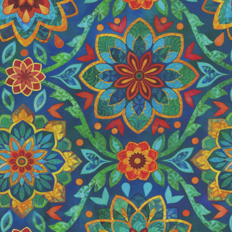 Mottled blue fabric with large, colorful, geometric floral damasks.