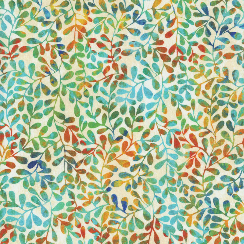 Off white mottled fabric with multi-colored leaves and vines throughout.