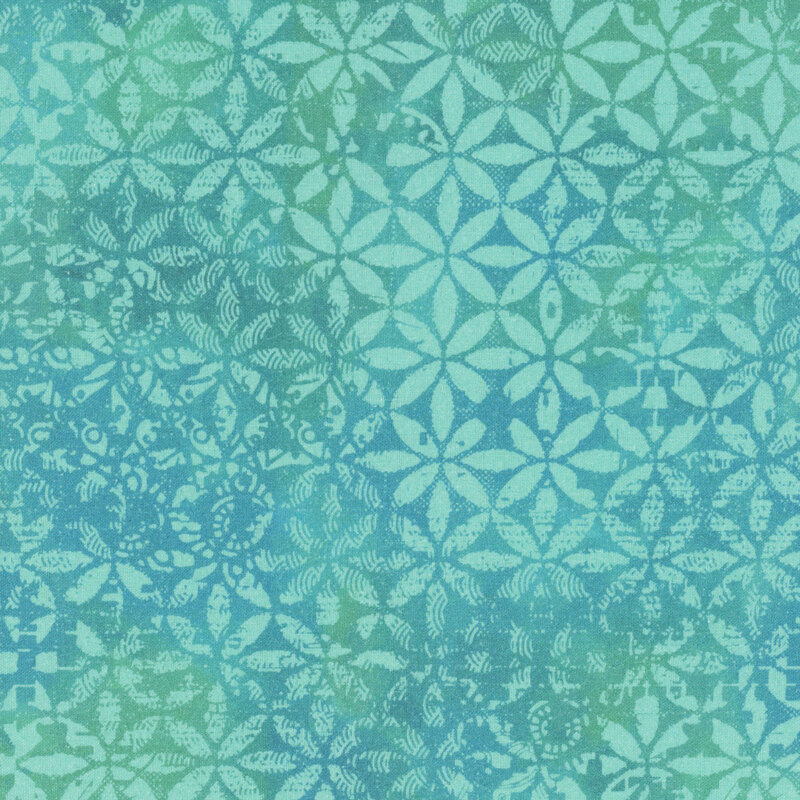 Mottled aqua fabric with a tonal, grungy lattice design