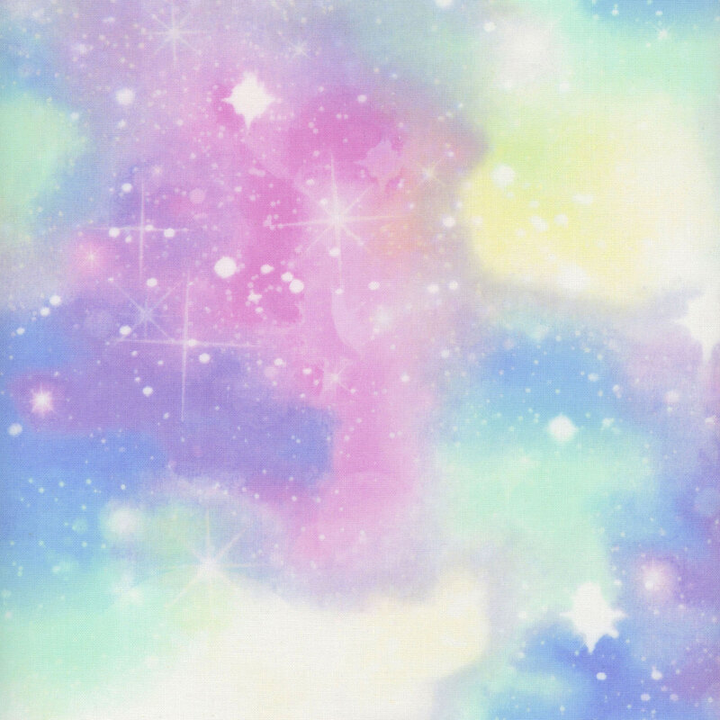 pastel rainbow galaxy fabric with scattered sparkles and stars of different sizes