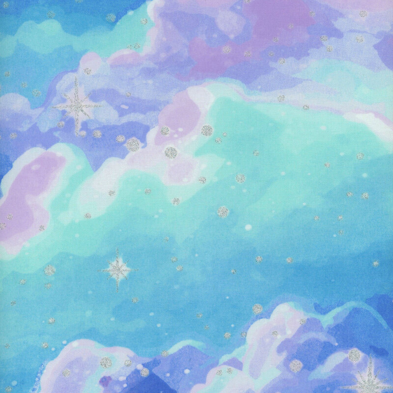 bright pastel blue and pink-purple stylized fluffy clouds covered in stars and sparkles