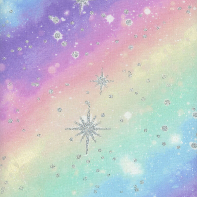 diagonal pastel rainbow fabric covered in stars and sparkles