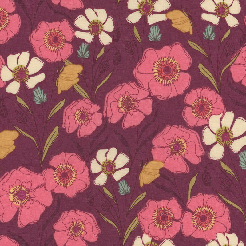 plum fabric with large pink, white, and yellow flowers with long stems and blue and colorless chive blossoms