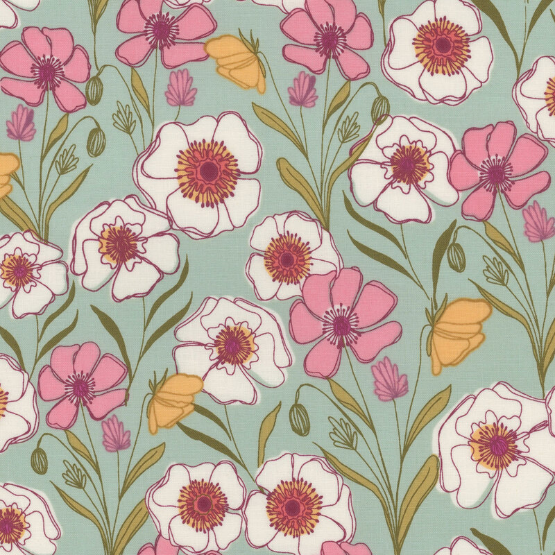 teal fabric with large pink, white, and yellow flowers with long stems and blue and colorless chive blossoms