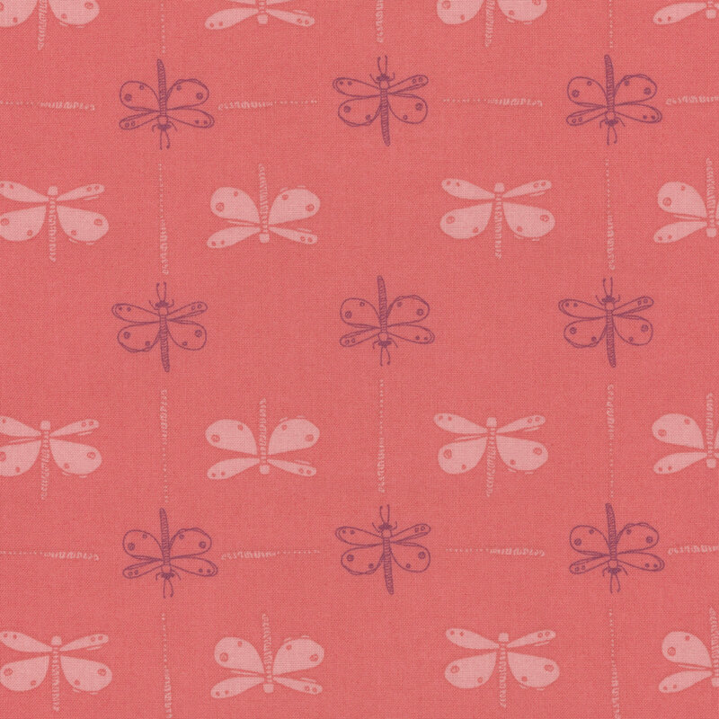 pink fabric with light pink and purple lined dragonflies arranged in alternating vertical lines