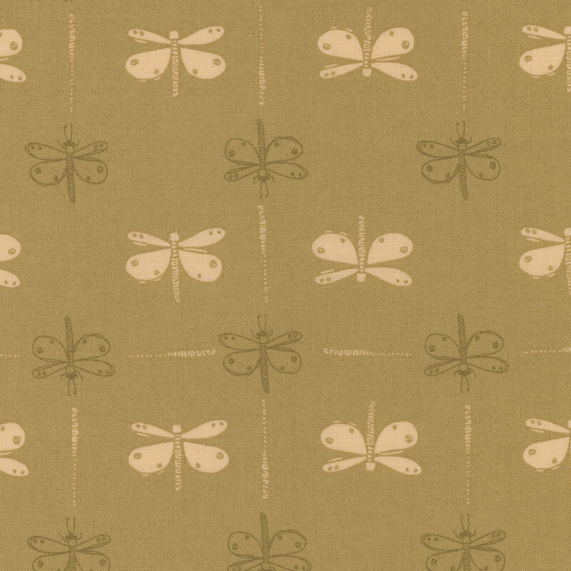 olive green fabric with cream and green lined dragonflies arranged in alternating vertical lines