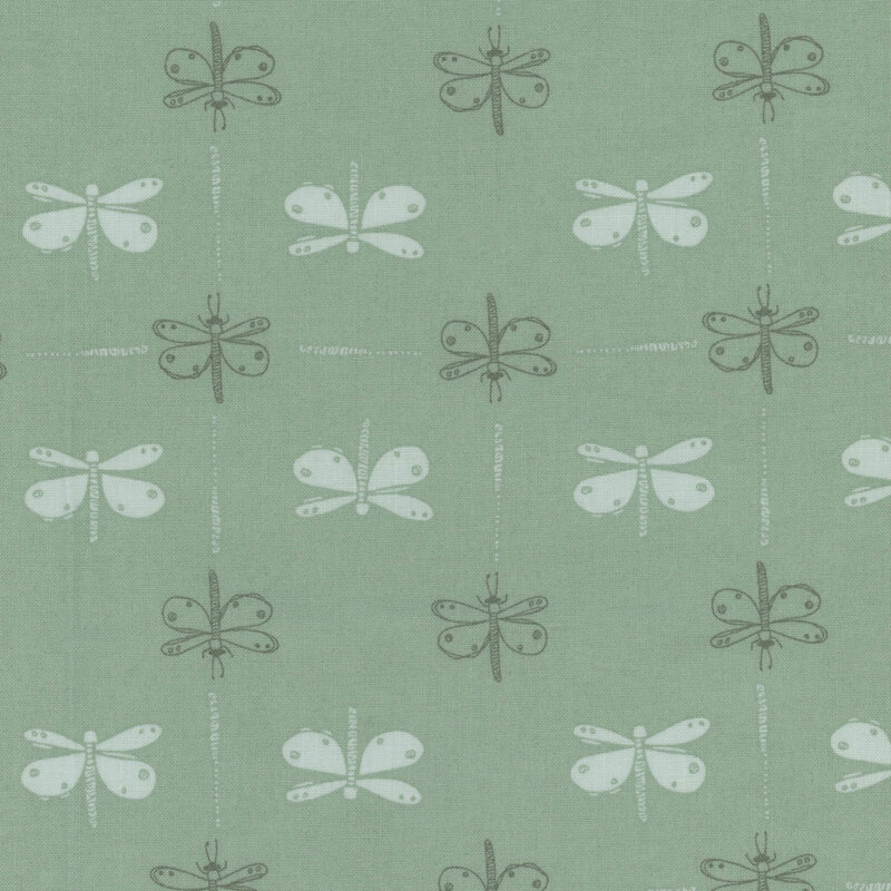 teal fabric with light blue and green lined dragonflies arranged in alternating vertical lines