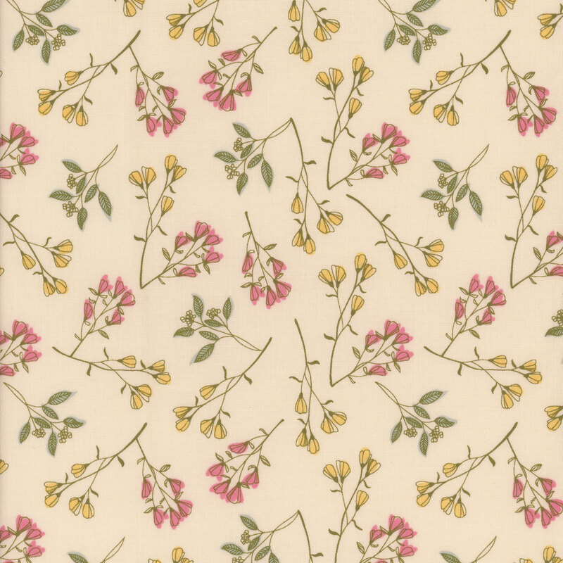 light yellow fabric with scattered sprigs of pink and yellow flowers with thin stems and small blue-overlaid leaves