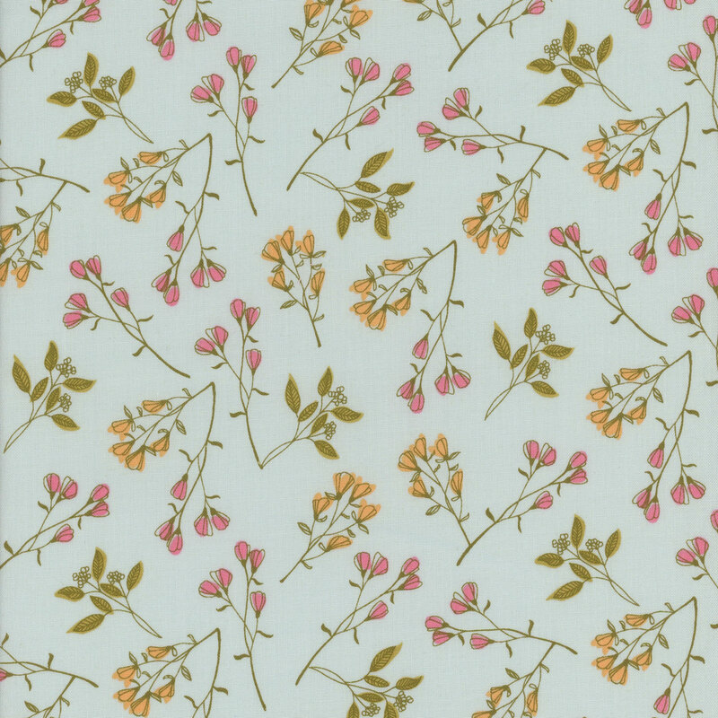 teal fabric with scattered sprigs of pink and yellow flowers with thin stems and small leaves