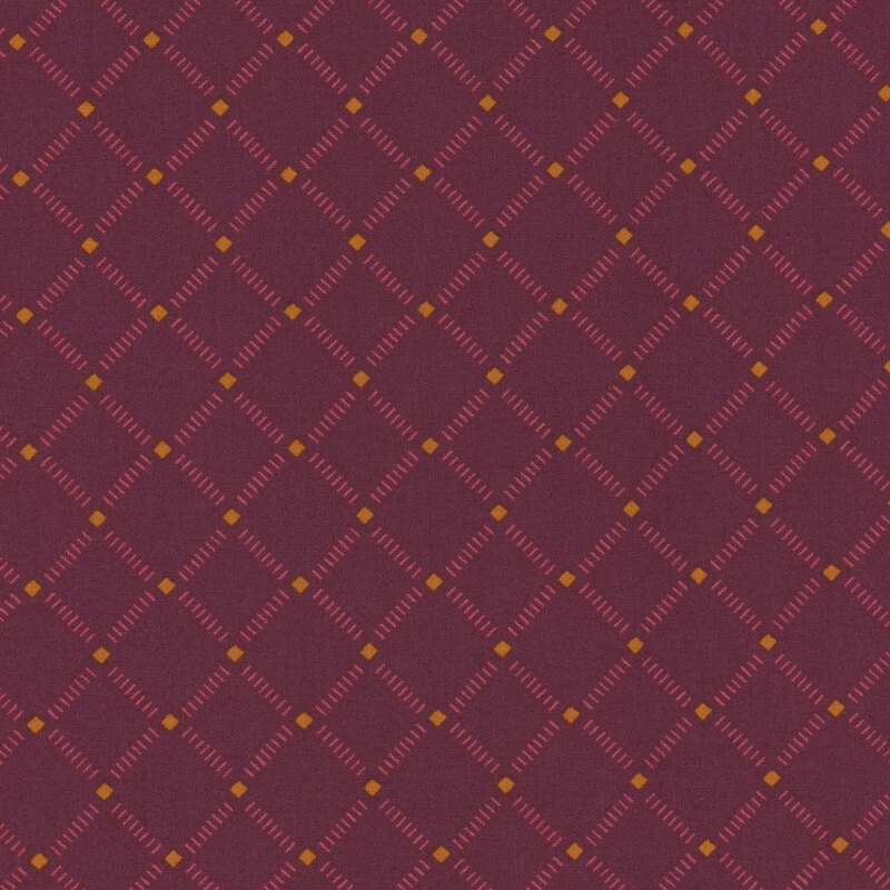 plum fabric with small diagonal lines in a light pink lattice pattern and yellow diamonds where the lines intersect