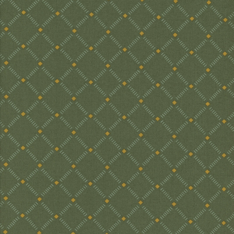 teal fabric with small diagonal lines in a light green lattice pattern and yellow diamonds where the lines intersect