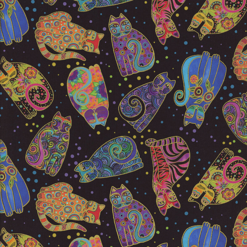 Black fabric with stars and colorful, stylized tossed cats all over