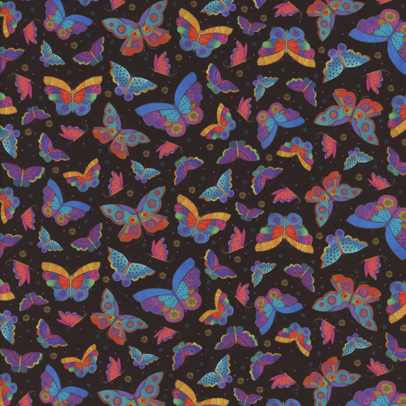 Black fabric with bright, colorful and stylized butterflies all over